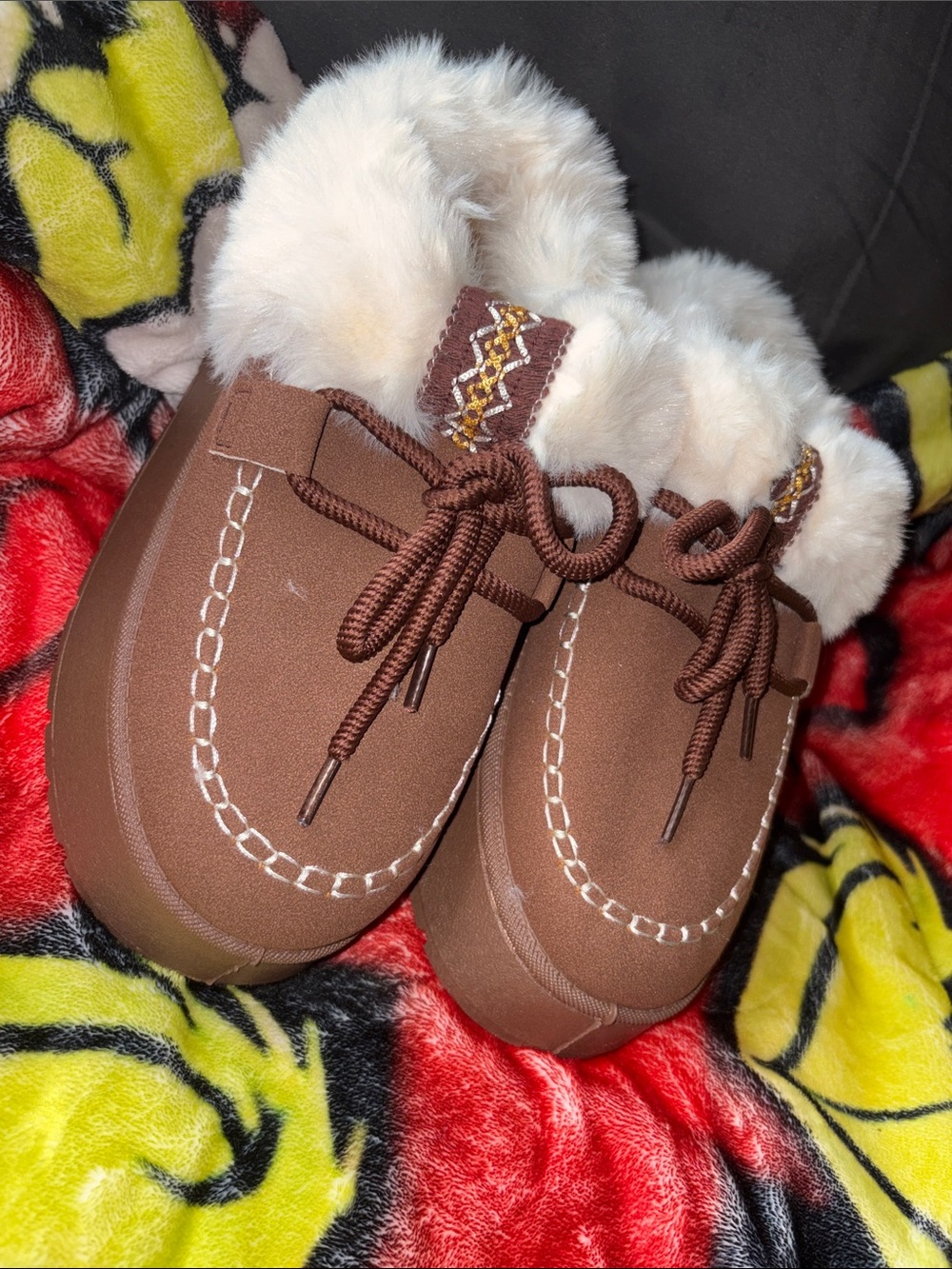 Kids Brown Faux-Fur Lined Moccasin Slippers